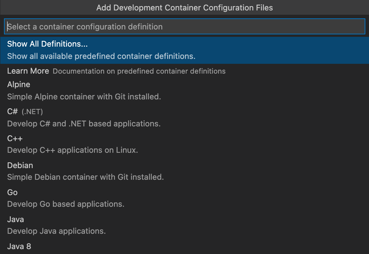 Select a container definition